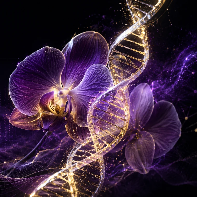 Abstract orchid and gold DNA helix